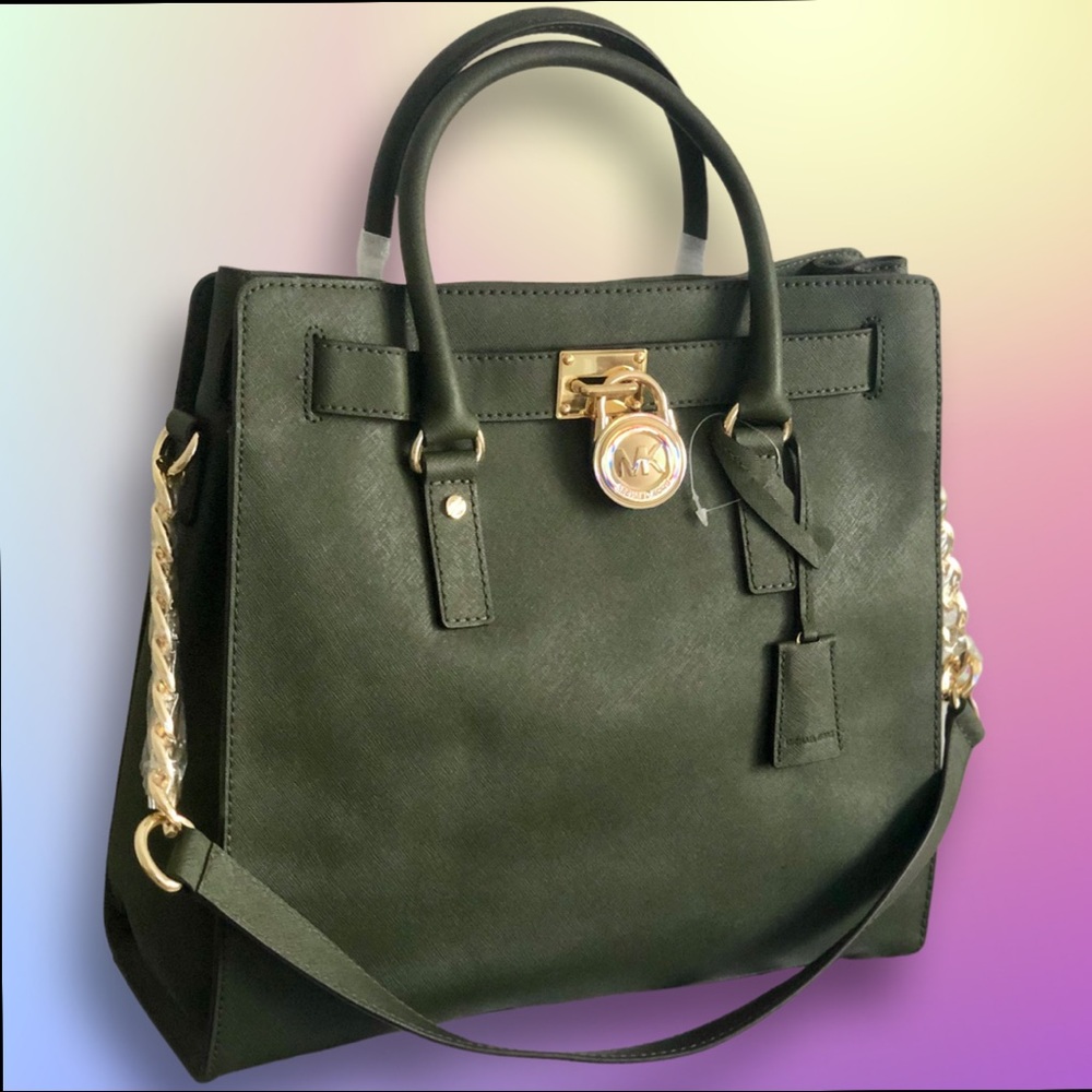 Michael Kors Hamilton North South Army Green Saffiano Leather Satchel FREE SHIP